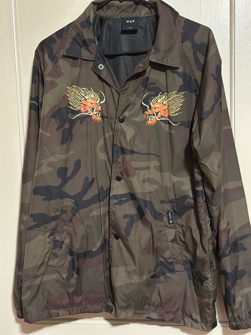 HUF Olive & Black Camo Coach Jacket with Dragon Chest Graphics